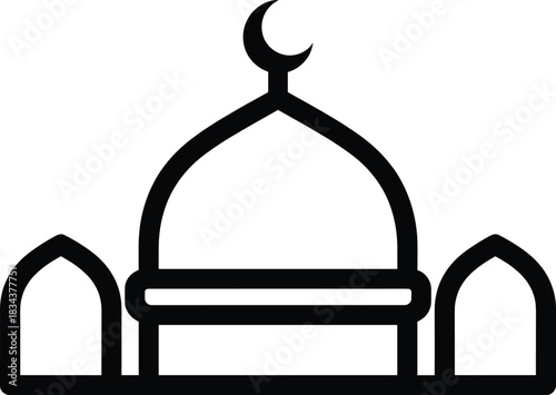 Minimalist mosque with dome and crescent symbol in muslim pray concept, simple line art style vector illustration