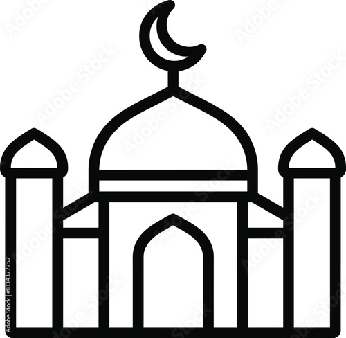 Mosque building with dome and minarets topped with a crescent moon, symbolizing muslim worship