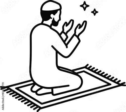 Muslim man kneeling on a prayer rug with hands raised, symbolizing deep spiritual muslim pray