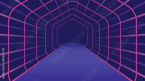 Futuristic neon tunnel background featuring glowing pink and purple lines with a deep perspective effect ideal for tech themes gaming designs digital art sci fi concepts and modern abstract visuals