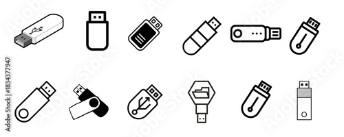 Icon Design, silhouette and line icon pack - Collection of usb flash drive icons in various styles and orientations isolated on transparent background