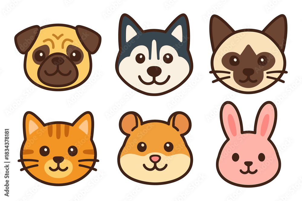 Fototapeta premium Cute animal faces: dog, cat, hamster, rabbit, husky, siamese in flat cartoon style