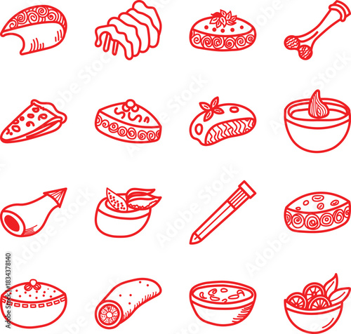 Hand drawn sketch collection of various meat cuts and food items