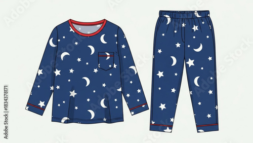 A dark blue long sleeved pajama set for children featuring a repeating pattern of white stars and crescent moons with red trim on the collar and cuffs