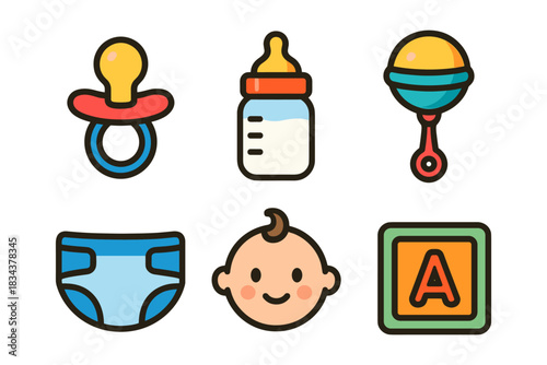 Colorful baby icons set with pacifier, bottle, and toys in flat style