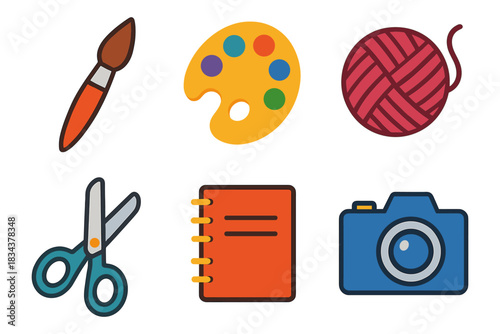 Art and craft supplies: colorful icons of paintbrush, palette, yarn, scissors, notebook, and camera
