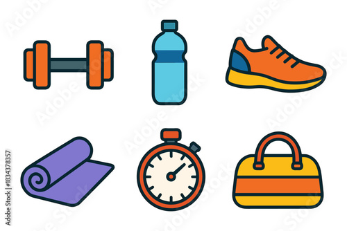 Fitness essentials icons set featuring dumbbell, water bottle, sneakers, yoga mat, stopwatch, and gym bag