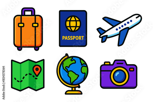 Colorful travel icons: suitcase, passport, airplane, map, globe, camera