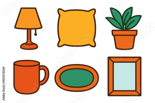 Flat style home decor set with lamp pillow plant cup and frame elements