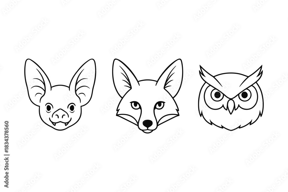 Fototapeta premium Minimalist animal faces: bat, fox, owl in simple black and white design