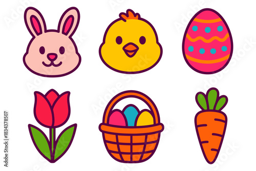Cute easter designs: bunny, chick, egg, tulip, basket, carrot in flat style