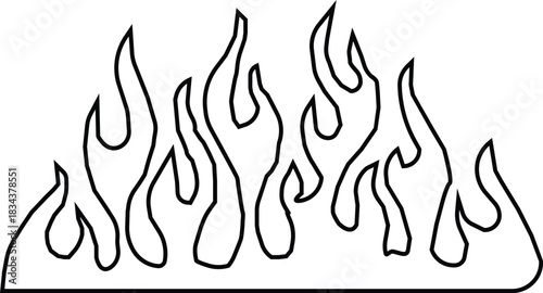 Black flame icon in line style, fire silhouette with tribal blaze shapes and decorative heat graphic monochrome burning element pack with synonym illustration