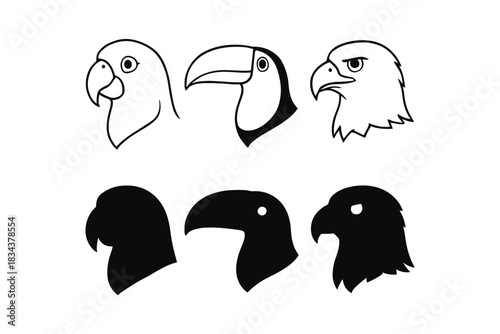 Minimalist bird heads: parrot, toucan, eagle in silhouette and outline style