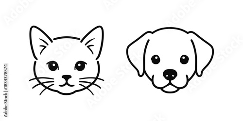Simple line art of cat and dog faces highlighting minimalist pet design