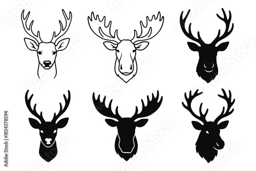 Black and white silhouette heads of deer and moose
