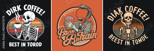 Vintage skeleton coffee and brain drink artwork with retro colours, humorous dark café theme illustration