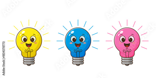 A set of bright, multicolored cartoon-style light bulbs symbolizing ideas, inspiration and creativity. Suitable for presentations, banners, educational projects, apps, web design and book design.