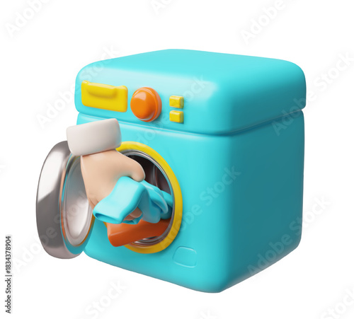 Automatic washing machine, hand loads clothes inside vector 3D cartoon plastic style, laundry equipment home appliance