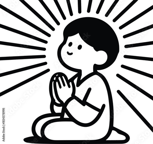 A line art drawing of a child or young person is shown kneeling with hands together in muslim pray position