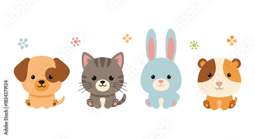 Cute cartoon style pets collection featuring dog, cat, rabbit, and guinea pig with colorful floral accents