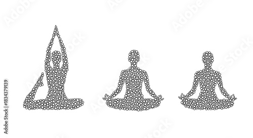 Intricate yoga pose collection: floral dot silhouettes embodying serenity