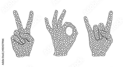 Geometric hand gestures art: peace, ok, and rock symbols in dotted style