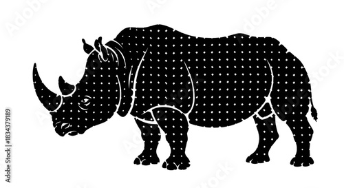 Polka dot silhouette of rhino on white background