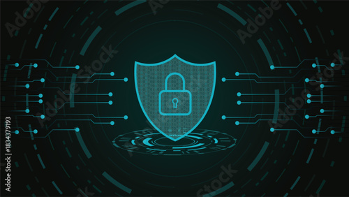 Modern cyber security background featuring a digital shield lock and futuristic circuit lines ideal for technology privacy protection data safety encryption and network security designs