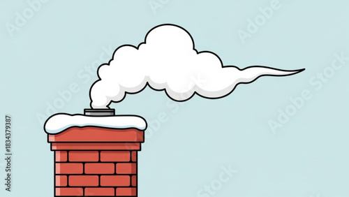 A cartoon illustration of a snow covered red brick chimney with a thick plume of white smoke billowing out into a light blue sky