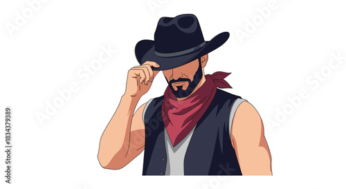 Cowboy tipping his hat, a close-up of a man with a beard and red bandana, ready for adventure.