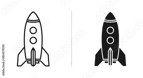 Rocket Outline and Solid Icon Vector Illustration. Simple Spaceship Symbol in Line Art and Filled Styles for Space Travel and Startup Concepts.
