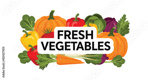 Vibrant assortment of fresh vegetables arranged around text that reads \.