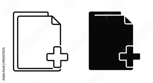 Add New File Document Icon Set - Outline and Solid Glyphs