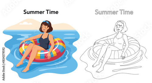 A woman relaxing on a colorful inflatable tube in the water, embodying the joy of summer time.