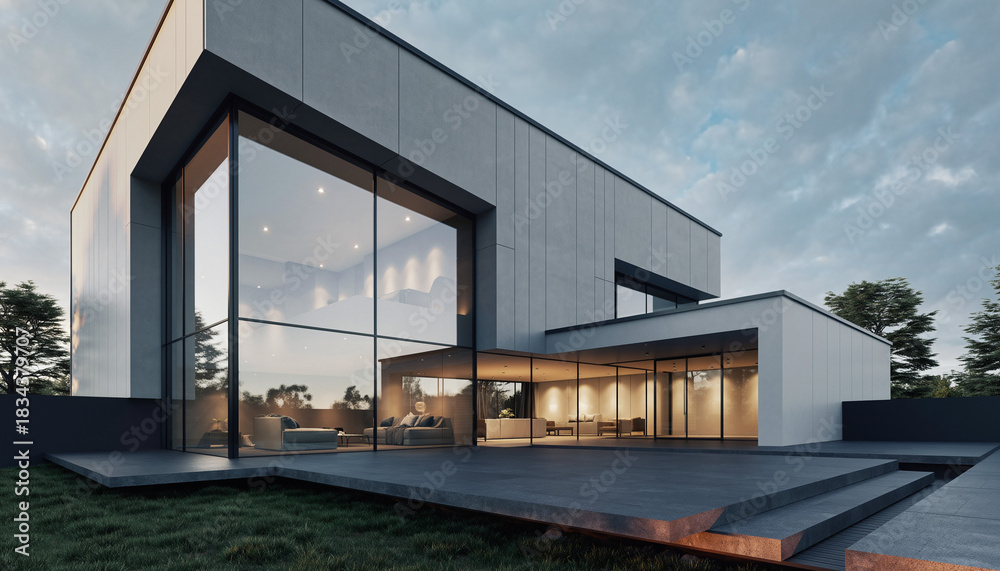 Fototapeta premium Luxurious modern family home with a striking architectural design, featuring floor-to-ceiling windows and a beautiful garden patio at twilight