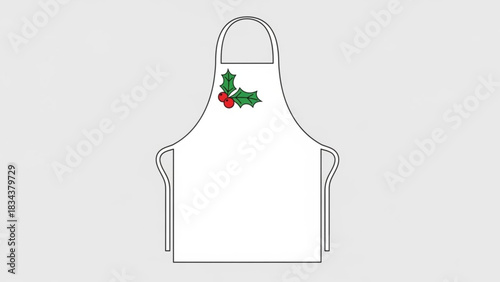A simple white apron with a festive holly berry design on the upper chest area perfect for holiday baking and cooking