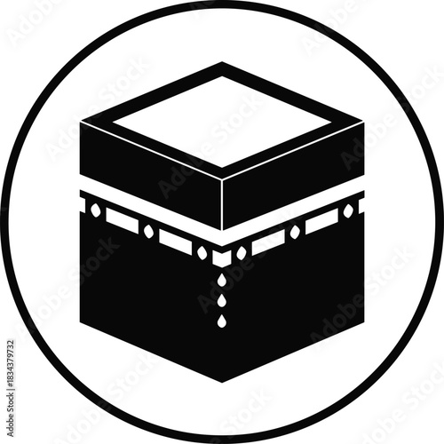 Kaaba in mecca icon surrounded by circle, representing hajj and umrah pilgrimage for muslim pray