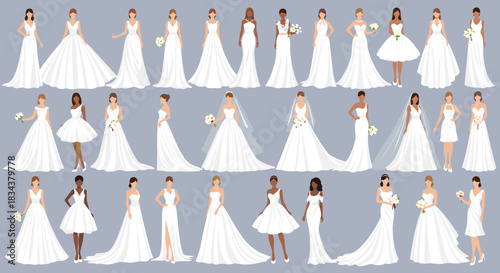 A diverse collection of women in various styles of white wedding dresses.