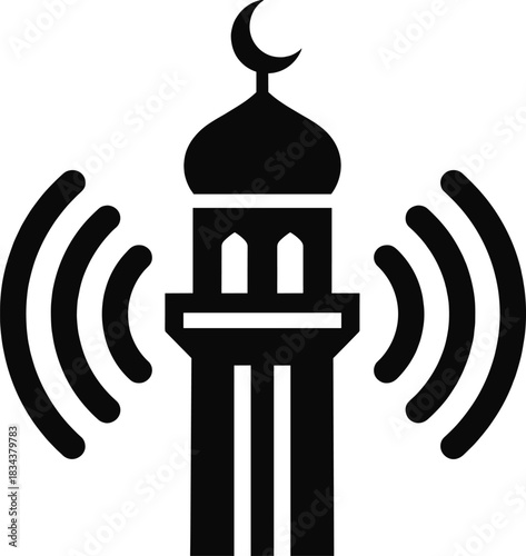 Minaret mosque vector icon with sound waves muslim pray call to prayer adhan signal for islam religion