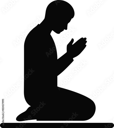 Muslim man pray on prayer mat black silhouette kneeling worshiping islam religion ramadan eid mubarak culture