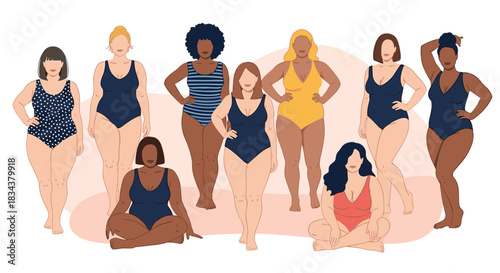 Diverse group of women in swimsuits celebrating body positivity and different shapes.