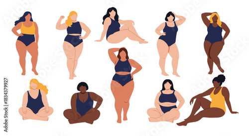 Diverse group of women of various body types in swimsuits celebrating body positivity.