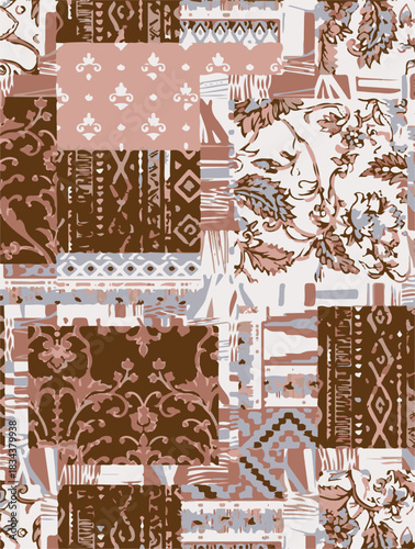 seamless patchwork paisley pattern on background.Seamless patchwork design vector fabric design. Vector graphic tile for interior and clothing fabric or ceramic tiles