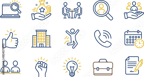 Business icons, corporate teamwork, financial growth, recruitment, communication, productivity, motivation, innovation, office tools, employment concepts, minimal line style, vector illustration