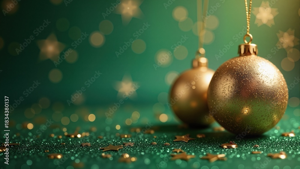 Fototapeta premium golden christmas ball decoration on green glitter background 