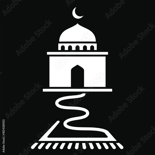 Muslim pray concept with mosque, prayer mat, and crescent moon, symbol of islamic worship and devotion