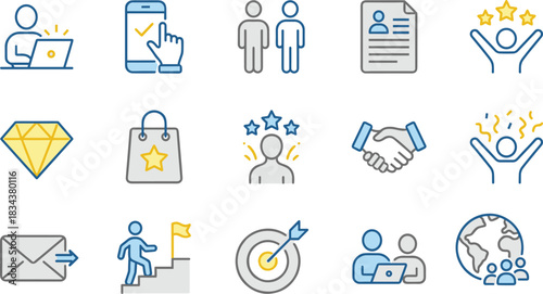 Business teamwork, goal achievement, communication, motivation, global collaboration, partnership, success, productivity, mobile interaction, career growth, vector icons, minimal style