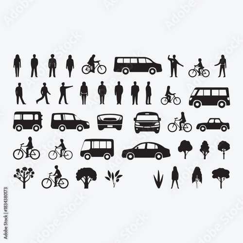 Architectural Scale Figures Vector Set: People, Cars, Bicycles, and Trees Silhouettes and Outlines