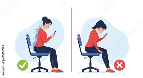Illustration comparing good and bad posture while using a smartphone, showing the correct spinal alignment for health.