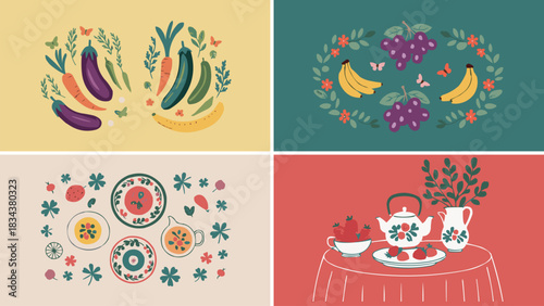 Decorative food and kitchen illustrations with vegetables, fruit wreaths, patterned dishes and tea set on colourful panels